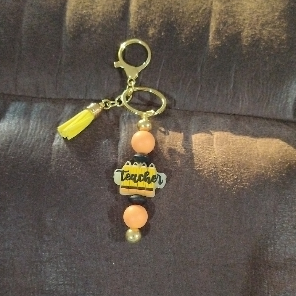 Teacher Pencil Beaded Keychain with Yellow Tassel